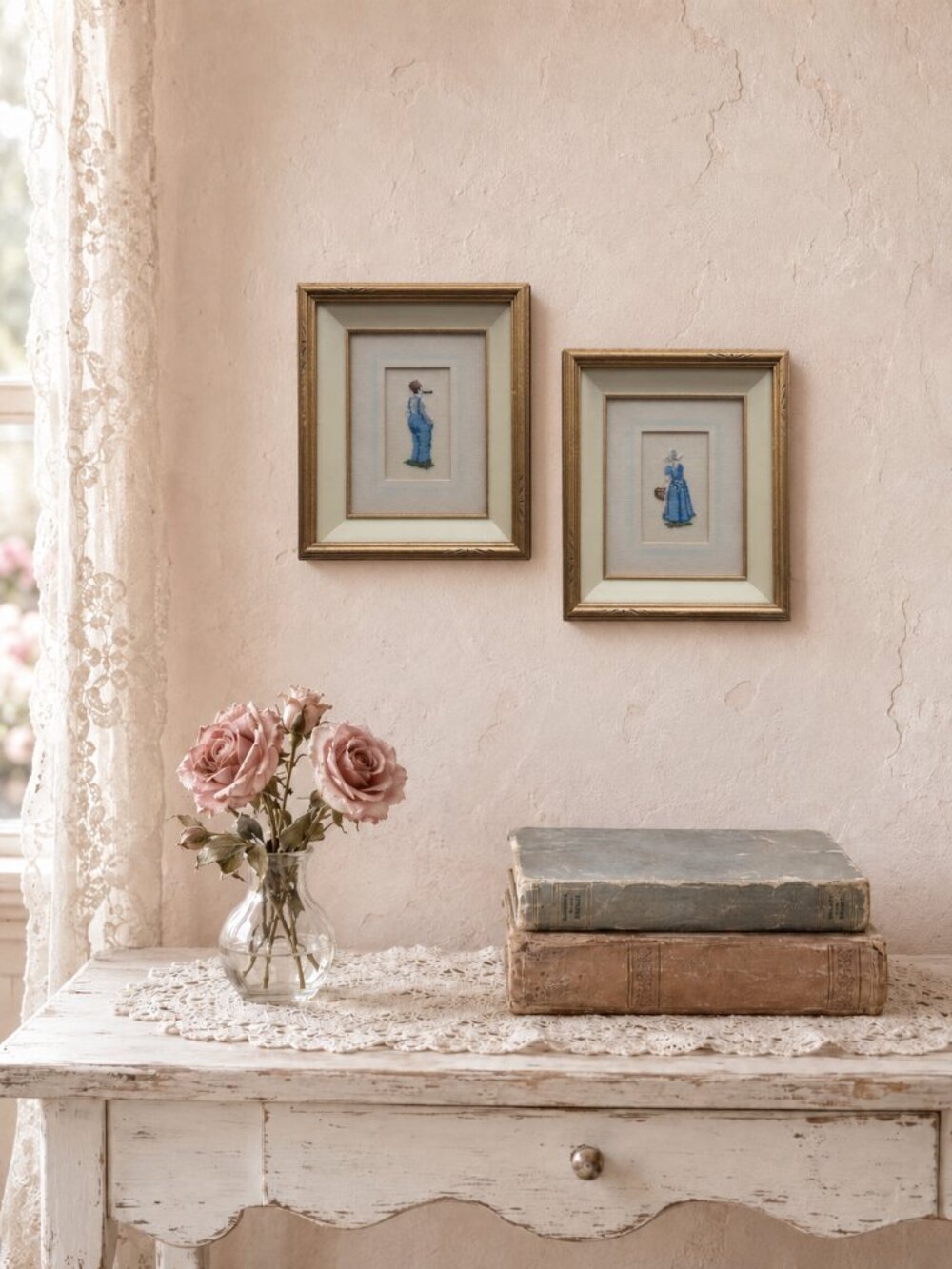 Vintage Petit Point Dutch Blue Couple Wood Framed